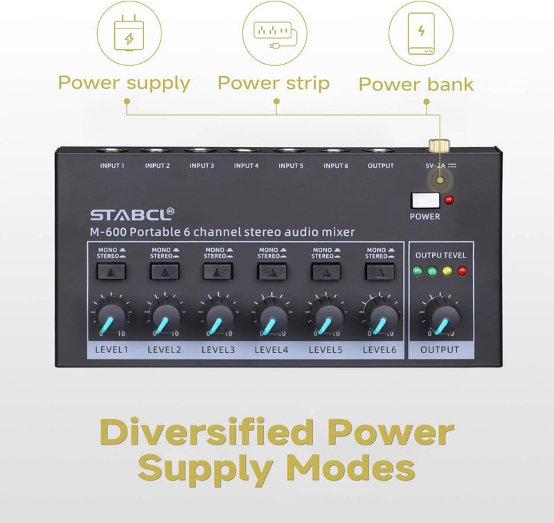 STABCL Mini 6-Channel Audio Mixer with 7 pcs 6.35mm to 3.5mm Adapter Jack, Stereo Line Mixer for Sub-Mixing, Multi-Input (Mic/Guitar/Keyboard/Bass), Powered by 5V DC - Image 5
